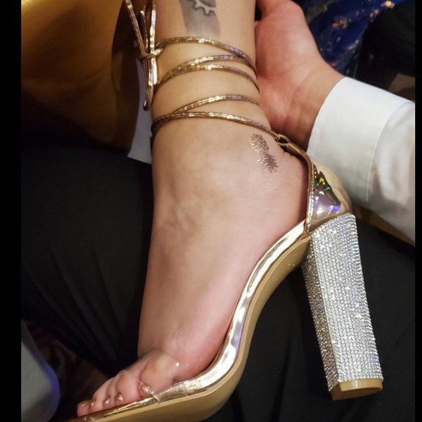 Gold High Heel Sandals with Rhinestone Bling Chunky Crystal Heel with Lace up Ankle (ALL SIZES)