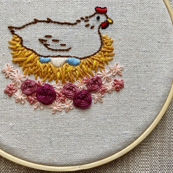 Simple Hen in a Nest Embroidery Hoop Art