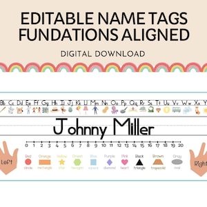 May include: Editable name tag template with a rainbow border. The tag features a line for a name, "Johnny Miller", and a number line from 0 to 20. The tag also includes a colour chart with shapes and a left and right hand outline.