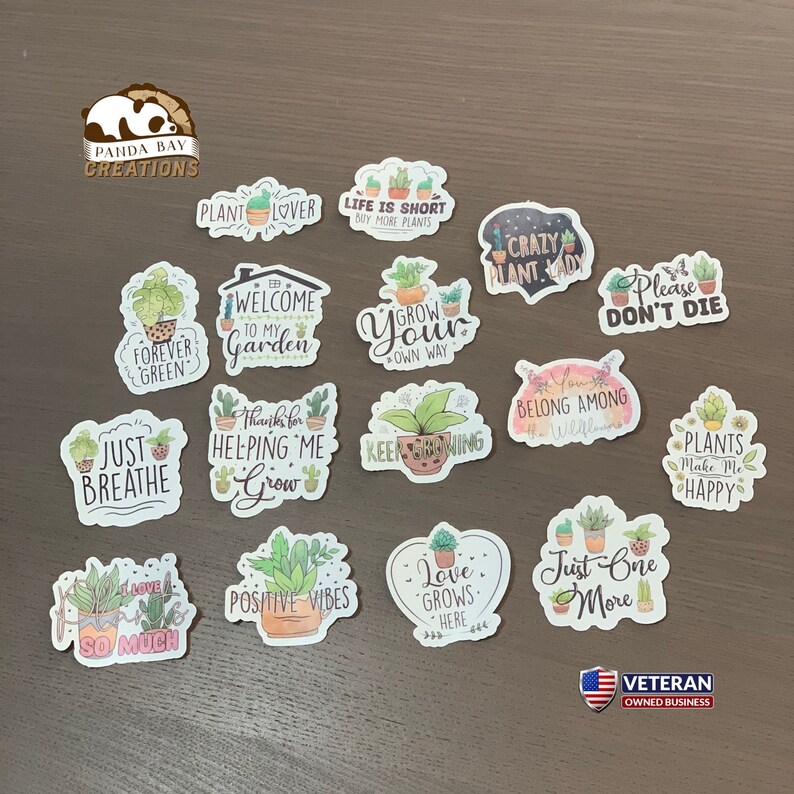 May include: A set of 15 colorful stickers featuring various plant-themed designs and sayings. The stickers are printed on white paper with a glossy finish. Some of the sayings include "Plant Lover", "Grow Your Own Way", "Just Breathe", "Love Grows Here", and "Plants Make Me Happy".