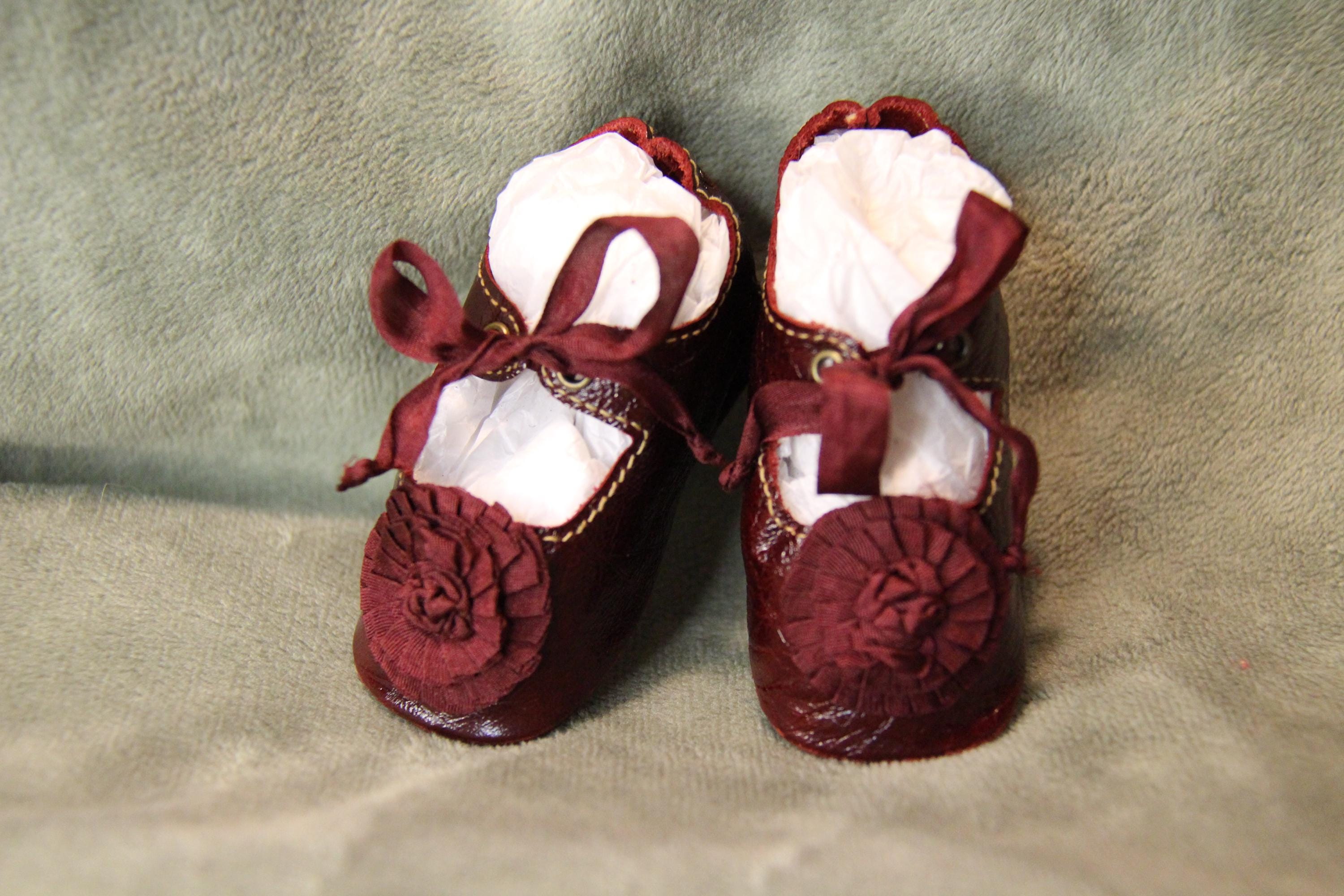 Chaussures De Poupée Ancienne Jumeau/Bru – Cuir Bleu – Longueur 9 Cm