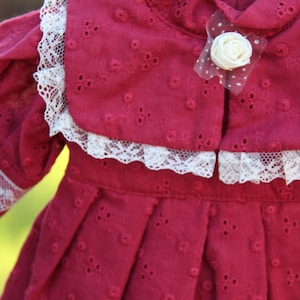 Handmade Burgundy Cotton Dress with Rose Brooch for 22–24” Antique French & German Dolls #34