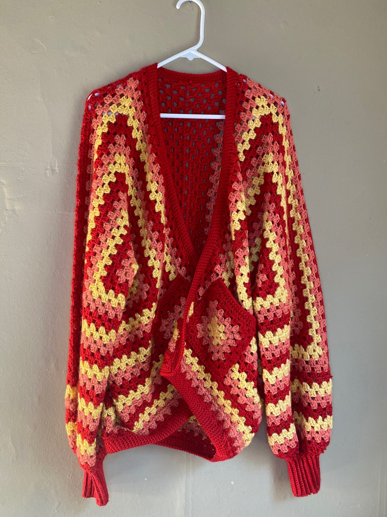 Handmade Crochet Hexagon Cardigan Red Orange and Yellow - Etsy Handmade Crochet Hexagon Cardigan Red Orange and Yellow - Etsy