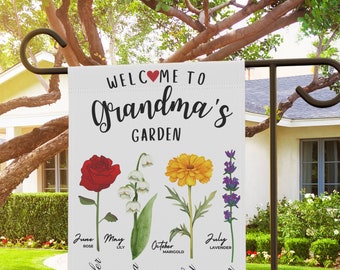Mother's Day Gift For Grandma, Personalized Grandma's Flowers Garden Flag, Custom Grandkids Name, Birth Flowers