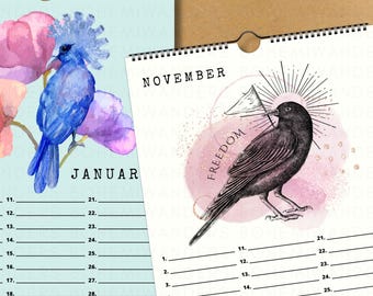 Watercolor Birds Perpetual Calendar, Track Birthdays and Anniversaries, Bird Lover Gift