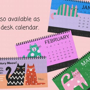 Preview of the Mid Century Meow custom cat desk calendar featuring bold geometric cats in retro colors.  A modern cat calendar perfect for cat moms, retro design lovers, dorm decor, or unique office gifts. Great gift for cat lovers and fans of mid-century modern art. Customizable 12 month calendar with colorful feline art.