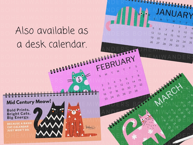 Preview of the Mid Century Meow custom cat desk calendar featuring bold geometric cats in retro colors.  A modern cat calendar perfect for cat moms, retro design lovers, dorm decor, or unique office gifts. Great gift for cat lovers and fans of mid-century modern art. Customizable 12 month calendar with colorful feline art.