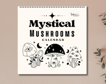 Calendário Cogumelos Místicos 2026-2027, Calendário Minimalista Celestial e Bruxo