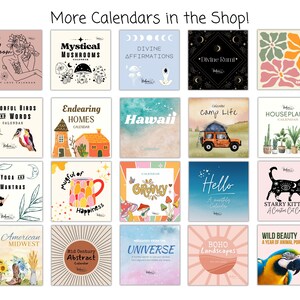 Collage of 2026 calendars from the BohemiWANDERS shop featuring a variety of themes—cats and plants, celestial and universe designs, retro and groovy calendars, abstract and watercolor art, floral and botanical styles, esoteric and affirmation themes. Explore unique wall calendars with whimsical, boho, and spiritual vibes for every personality and space.