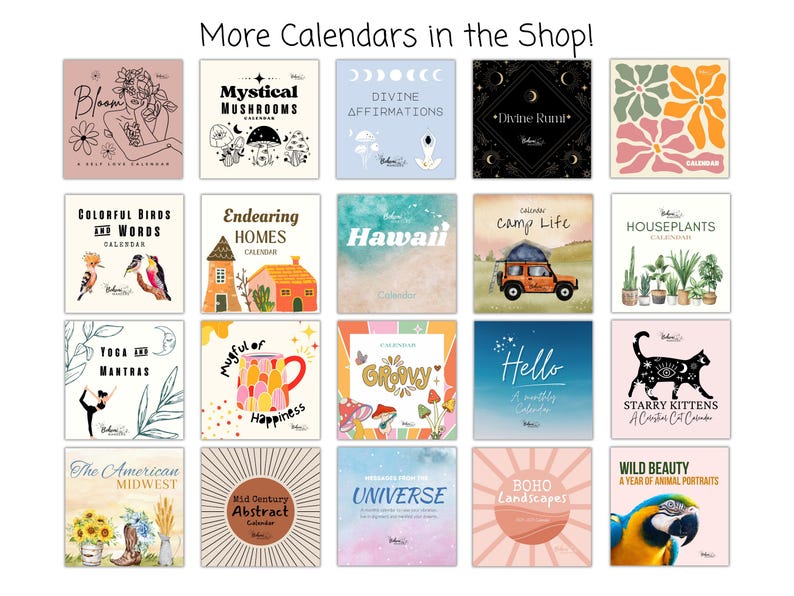 Collage of 2026 calendars from the BohemiWANDERS shop featuring a variety of themes—cats and plants, celestial and universe designs, retro and groovy calendars, abstract and watercolor art, floral and botanical styles, esoteric and affirmation themes. Explore unique wall calendars with whimsical, boho, and spiritual vibes for every personality and space.