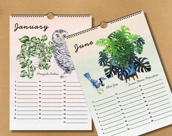 Akvarell fåglar och växter evighetskalender • Botanisk fågelskådare födelsedags- och jubileumspresent • Återanvändbar odaterad kalender