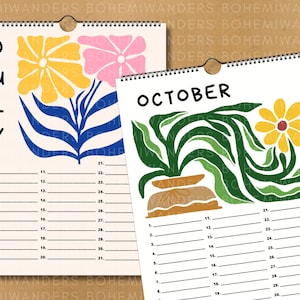 Könnte beinhalten: Zwei druckbare Kalenderseiten mit den Titeln Juli und Oktober. Die Juli-Seite zeigt ein stilisiertes Blumenmuster mit gelben, rosa und blauen Blumen und Blättern. Die Oktober-Seite zeigt eine stilisierte Pflanze mit grünen Blättern und einer gelben Blume in einem braunen Topf.