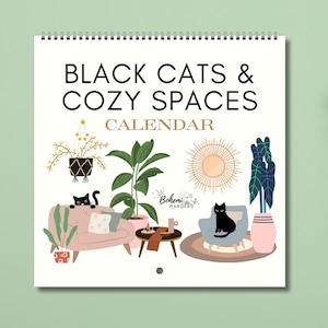 2027 Black Cats & Cozy Spaces Wall Calendar, Boho Hygge Decor, Black Cat Mom Gift, Black Cat Office Planner