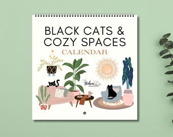 Kalendarz ścienny Black Cats Cozy Spaces 2026-2027, boho hygge interiors, prezent dla miłośników kotów