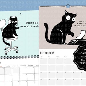 2025–2026 funny office cat desk calendar with sarcastic black cat illustrations and custom start date. Academic calendar for office decor, cubicles, or WFH setups. Great gift for cat lovers, coworkers, or students. Features dry humor and minimalist design. Also available as a wall calendar in the shop.