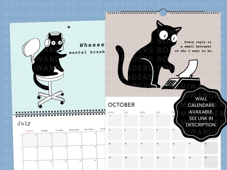 2025–2026 funny office cat desk calendar with sarcastic black cat illustrations and custom start date. Academic calendar for office decor, cubicles, or WFH setups. Great gift for cat lovers, coworkers, or students. Features dry humor and minimalist design. Also available as a wall calendar in the shop.