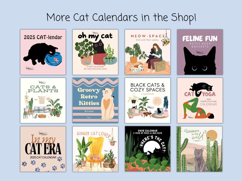 funny cute cat calendars available in the BohemiWANDERS Etsy shop. 12 cat calendars to choose from. Customizable cat calendars for cat lover gifts, unique cat calendars for cat moms.