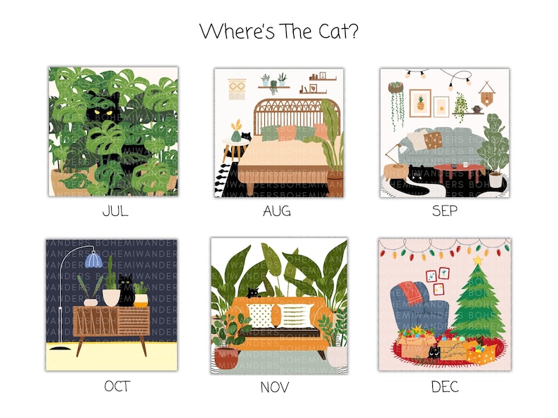 2026 Where’s the Cat? Calendar featuring adorable black cats playing hide-and-seek in everyday scenes. A cute and funny wall calendar for black cat moms and cat lovers. Includes 12 peek-a-boo cat illustrations in a modern square format. Perfect gift for cat moms, black cat owners, and anyone who loves playful feline art
