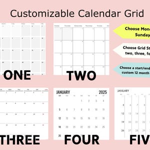 Customizable square wall calendar, custom modern calendar, custom 12 month wall calendar, custom monday or sunday start calendar, calendar grid styles, five options for a custom grid style. international calendar with blank boxes