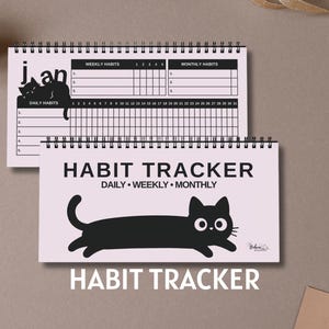 Minimalistisk svart katt 12 månaders vanespårare, odaterad produktivitetsvanespårare, daglig veckovis månatlig målplanerare, present till svart kattägare