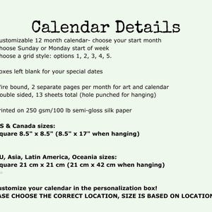 Customizable square wall calendar, custom modern calendar, custom 12 month wall calendar, custom monday or sunday start calendar, calendar grid styles, five options for a custom grid style. international calendar with blank boxes