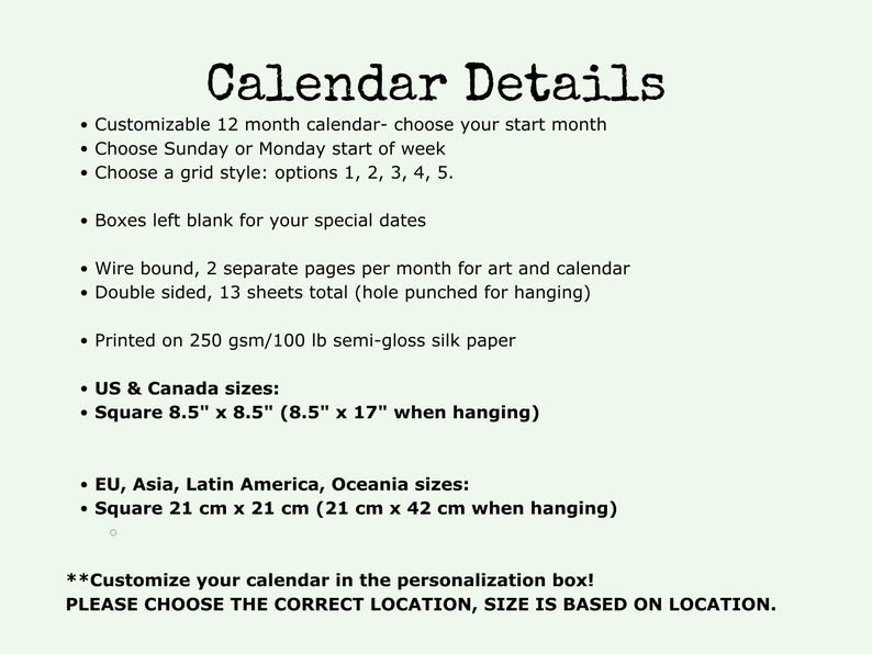 Customizable square wall calendar, custom modern calendar, custom 12 month wall calendar, custom monday or sunday start calendar, calendar grid styles, five options for a custom grid style. international calendar with blank boxes