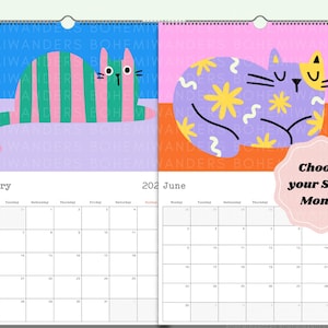 Preview of the Mid Century Meow custom cat calendar featuring bold geometric cats in retro colors. Available in square, horizontal, vertical, and desk formats with custom start month and layout options. A modern cat calendar perfect for cat moms, retro design lovers, dorm decor, or unique office gifts. Great gift for cat lovers and fans of mid-century modern art. Customizable 12 month calendar with colorful feline art.