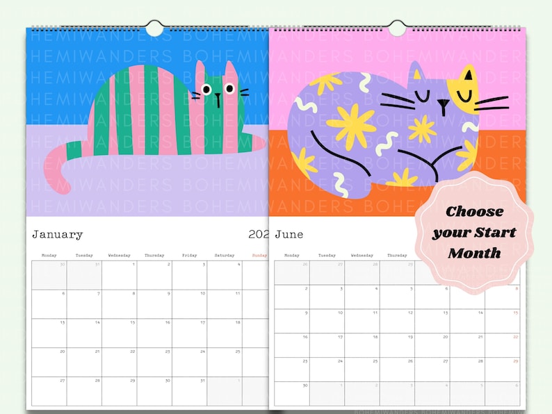 Preview of the Mid Century Meow custom cat calendar featuring bold geometric cats in retro colors. Available in square, horizontal, vertical, and desk formats with custom start month and layout options. A modern cat calendar perfect for cat moms, retro design lovers, dorm decor, or unique office gifts. Great gift for cat lovers and fans of mid-century modern art. Customizable 12 month calendar with colorful feline art.