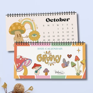 2025–2026 Groovy Mushroom Desk Calendar – Retro 70s Magic Mushrooms, Funky Hippie Mushroom Office Art, Academic Calendar for Mushroom Lovers
