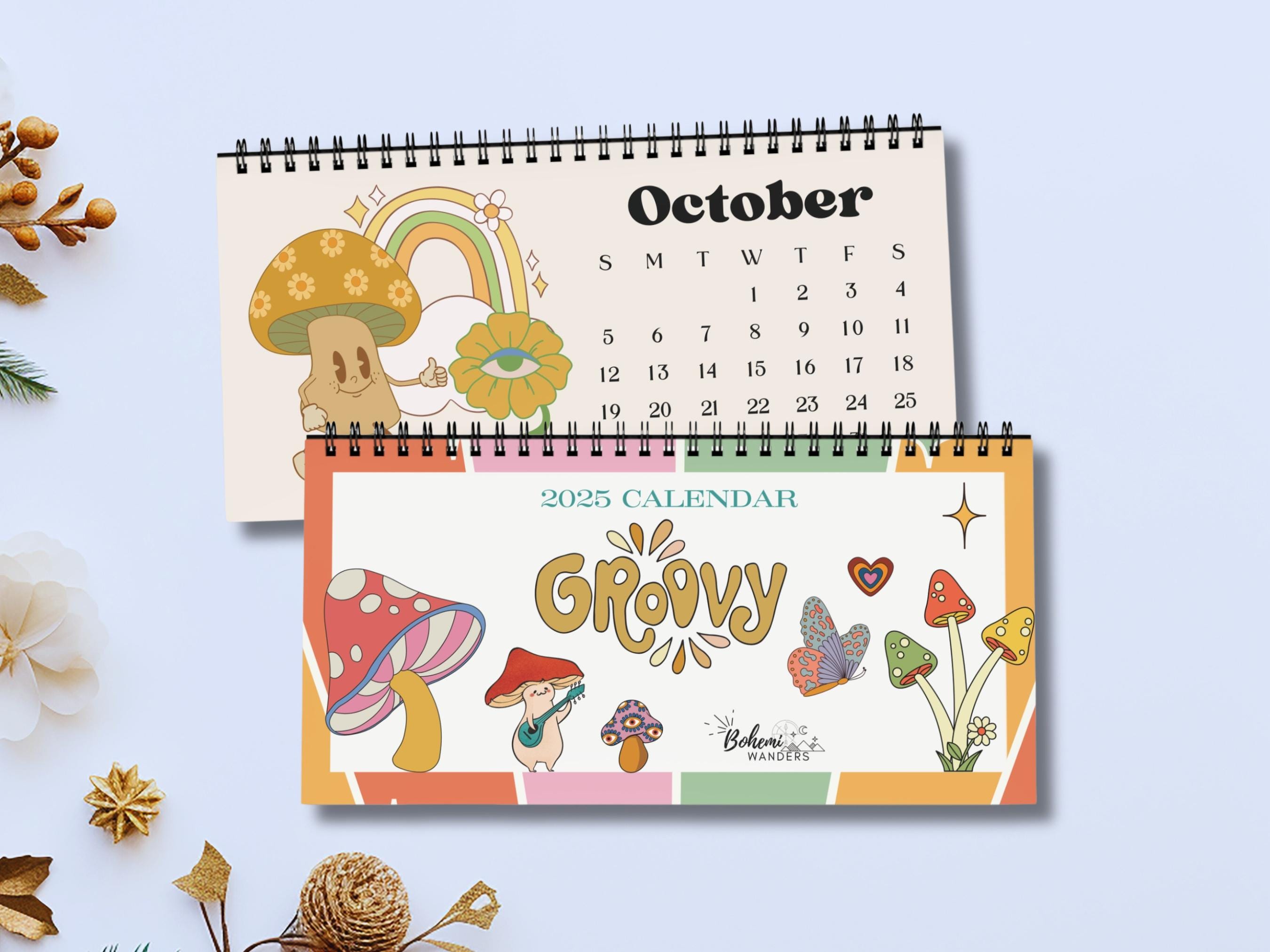Discover Retro Mushroom Desk Calendar with Custom Dates, 70s Groovy Hippie Design