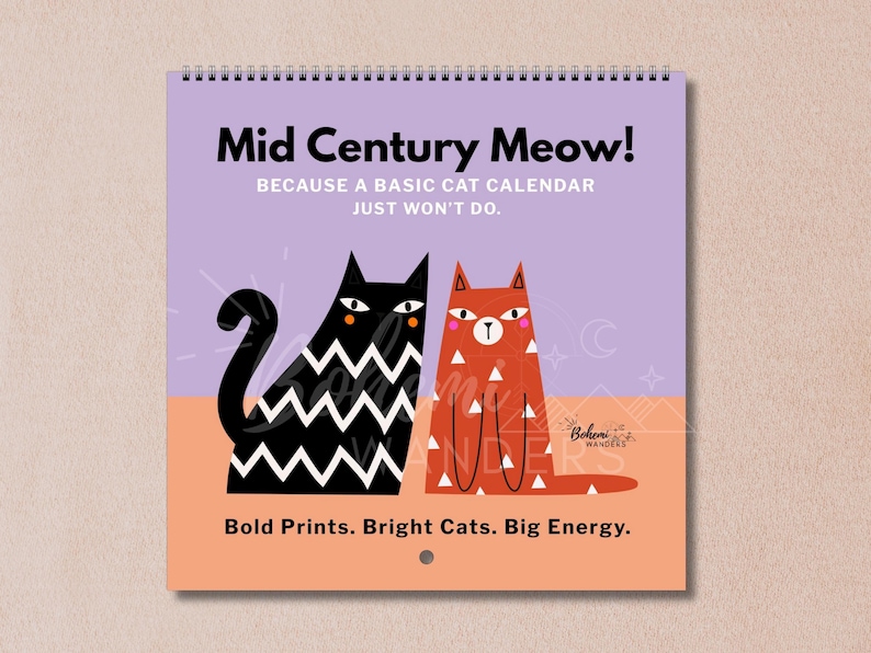 Preview of the Mid Century Meow custom cat calendar featuring bold geometric cats in retro colors. Available in square, horizontal, vertical, and desk formats with custom start month and layout options. A modern cat calendar perfect for cat moms, retro design lovers, dorm decor, or unique office gifts. Great gift for cat lovers and fans of mid-century modern art. Customizable 12 month calendar with colorful feline art.