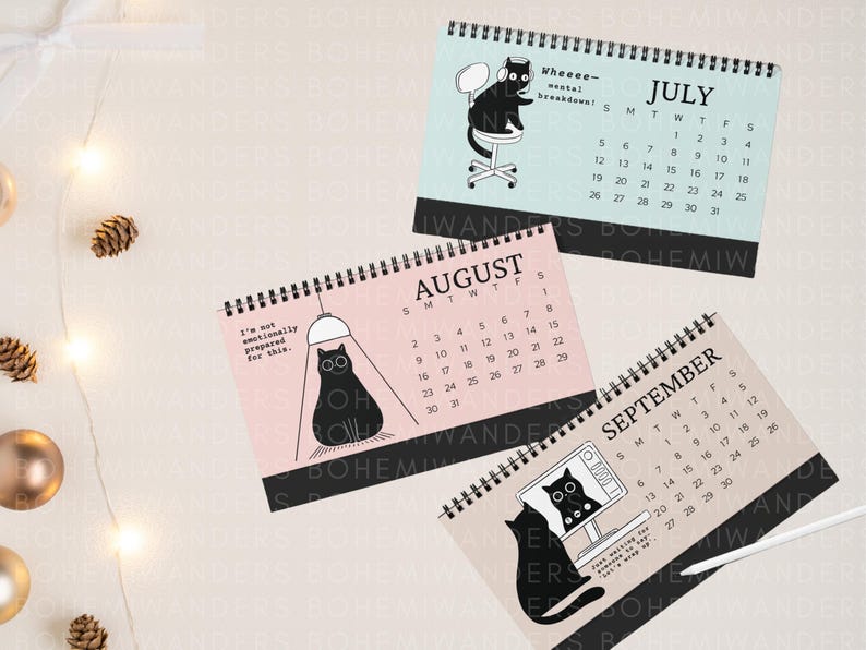 Funny 2025–2026 office cat desk calendar featuring black cats in relatable work situations. Minimalist design with sarcastic quotes for office workers, cat lovers, and coworkers. Great for desks, cubicles, or work-from-home setups. A humorous academic calendar gift for cat moms, students, and burnt-out professionals.