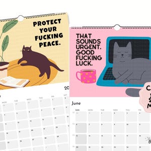 Inside pages of a funny cat calendar with boundaries quotes, self-care reminders, sarcastic cat illustrations, and monthly calendar layouts. Sweary cat gift for people who love dark humor and cats.