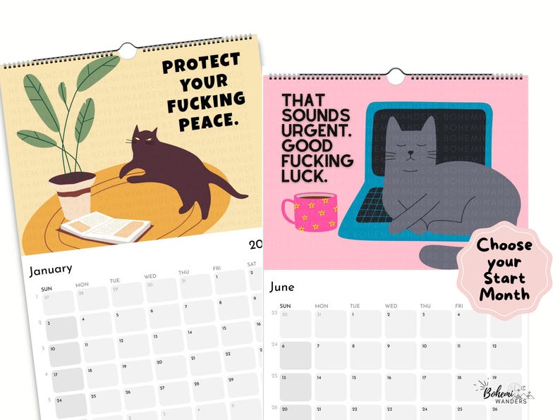 Inside pages of a funny cat calendar with boundaries quotes, self-care reminders, sarcastic cat illustrations, and monthly calendar layouts. Sweary cat gift for people who love dark humor and cats.