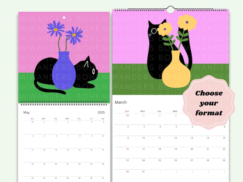 May include: A two-page calendar with quirky illustrations. One page shows a black cat with a blue vase of purple flowers, the other a black cat with a yellow vase of yellow flowers. The text "Choose your format" is visible.
