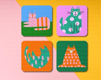 Funky Mid-Century Modern Cat Coasters – Snyggt Retro Coaster Set för Kattälskare, Dopamindekor