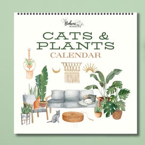 2027 Boho Watercolor Cats and Plants Calendar, Cat Lover Gift, Plant Lover Gift, Cat Decor, Cat Office Decor, Cat Wall Art, Crazy Cat Lady