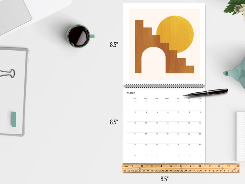 Mid Century Abstract 2026 Wall Calendar featuring minimalist retro geometric shapes in earthy tones. A stylish boho wall calendar for modern homes, perfect for fans of mid century modern decor, abstract art lovers, and anyone who loves clean, neutral wall art. Customizable square calendar ideal for feminine office decor, dorms, or boho-inspired interiors.
