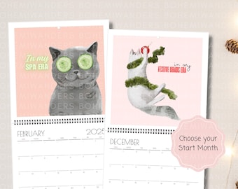 May include: A pink calendar with a cat wearing cucumber slices over its eyes and the text "In my spa era". The calendar is open to February 2025. The other side of the calendar shows a cat wearing a green garland and the text "In my festive chaos era".