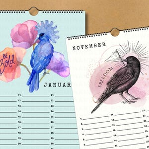 Perpetual Bird Celebration Calendar, Birthdays Anniversaries and Forever Dates Calendar, Watercolor Birds Undated  Perpetual Wall Planner