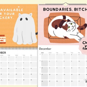 Cat wall calendar featuring ghost cat, sleeping cat, and funny boundary quotes about protecting your peace, saying no, and setting healthy boundaries. Humorous gift for cat lovers.