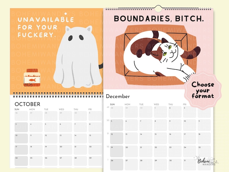 Cat wall calendar featuring ghost cat, sleeping cat, and funny boundary quotes about protecting your peace, saying no, and setting healthy boundaries. Humorous gift for cat lovers.
