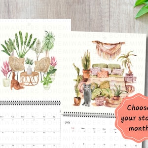 Cats and Plants 2025-2026 Calendar, Crazy Cat Lady Gift, Crazy Plant Lady Gift, Boho Cats Watercolor Calendar, Custom Calendar for Cat lover