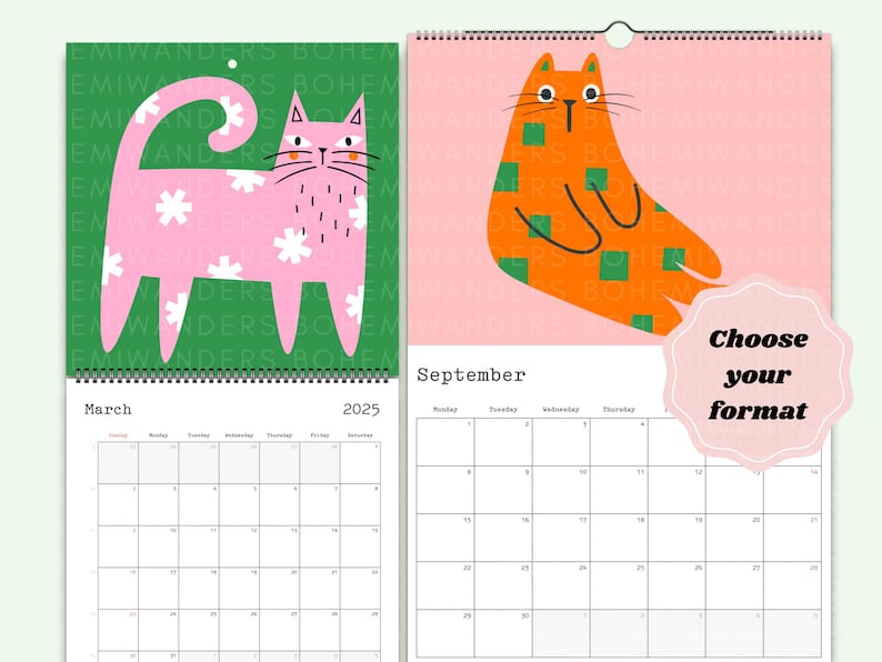 Preview of the Mid Century Meow custom cat calendar featuring bold geometric cats in retro colors. Available in square, horizontal, vertical, and desk formats with custom start month and layout options. A modern cat calendar perfect for cat moms, retro design lovers, dorm decor, or unique office gifts. Great gift for cat lovers and fans of mid-century modern art. Customizable 12 month calendar with colorful feline art.