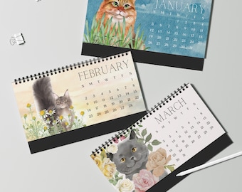 2026 Botanical Cats Desk Calendar – Watercolor Cat Lover Gift