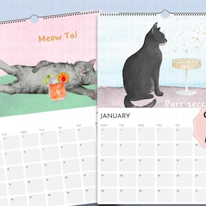 Whimsical watercolor 2026 Cats and Cocktails wall calendar featuring playful cats with pun-inspired drinks like Meowgarita, Purr-secco, and Cat-a-Tonic. A perfect gift for cat moms, cat lovers, and cocktail enthusiasts who enjoy funny cat art, pastel colors, and bar cart decor.