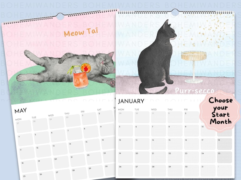 Whimsical watercolor 2026 Cats and Cocktails wall calendar featuring playful cats with pun-inspired drinks like Meowgarita, Purr-secco, and Cat-a-Tonic. A perfect gift for cat moms, cat lovers, and cocktail enthusiasts who enjoy funny cat art, pastel colors, and bar cart decor.