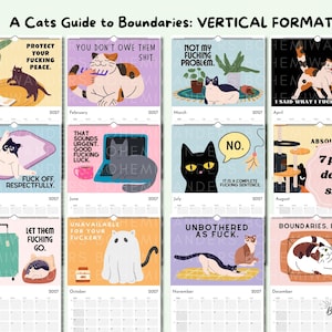 Complete preview of the vertical version of the funny cat boundaries calendar featuring 12 months of humorous cats, self-care quotes, and mental wellness themes.