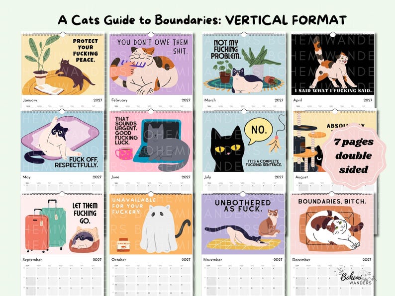 Complete preview of the vertical version of the funny cat boundaries calendar featuring 12 months of humorous cats, self-care quotes, and mental wellness themes.