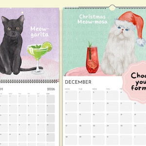 Whimsical watercolor 2026 Cats and Cocktails wall calendar featuring playful cats with pun-inspired drinks like Meowgarita, Purr-secco, and Cat-a-Tonic. A perfect gift for cat moms, cat lovers, and cocktail enthusiasts who enjoy funny cat art, pastel colors, and bar cart decor.
